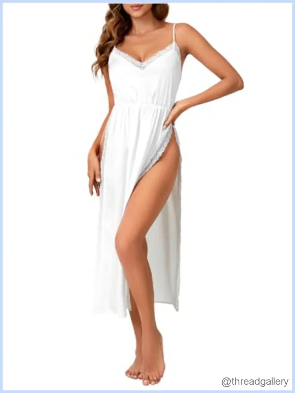 Satin Lace Trim V Neck Spaghetti Strap High Slit Maxi Nightgown Slip Dress